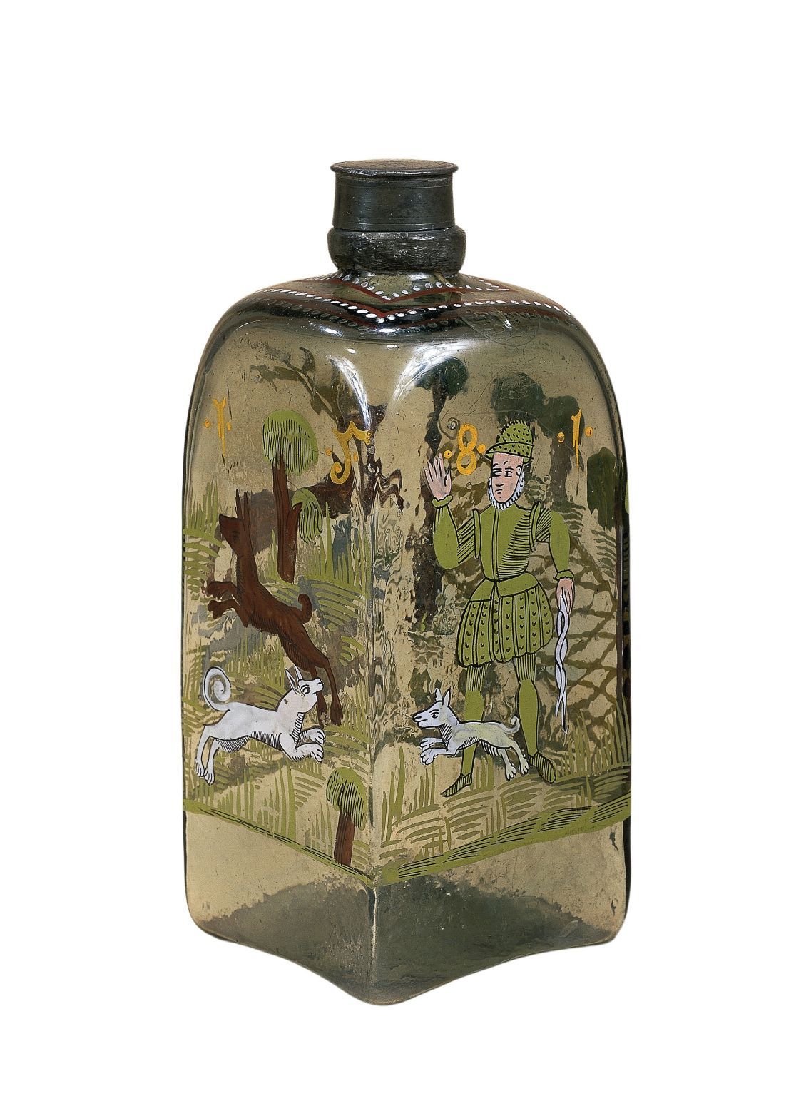 fraenkische-glas-flasche-vierkant-jagd-emailfarben-1581-datiert