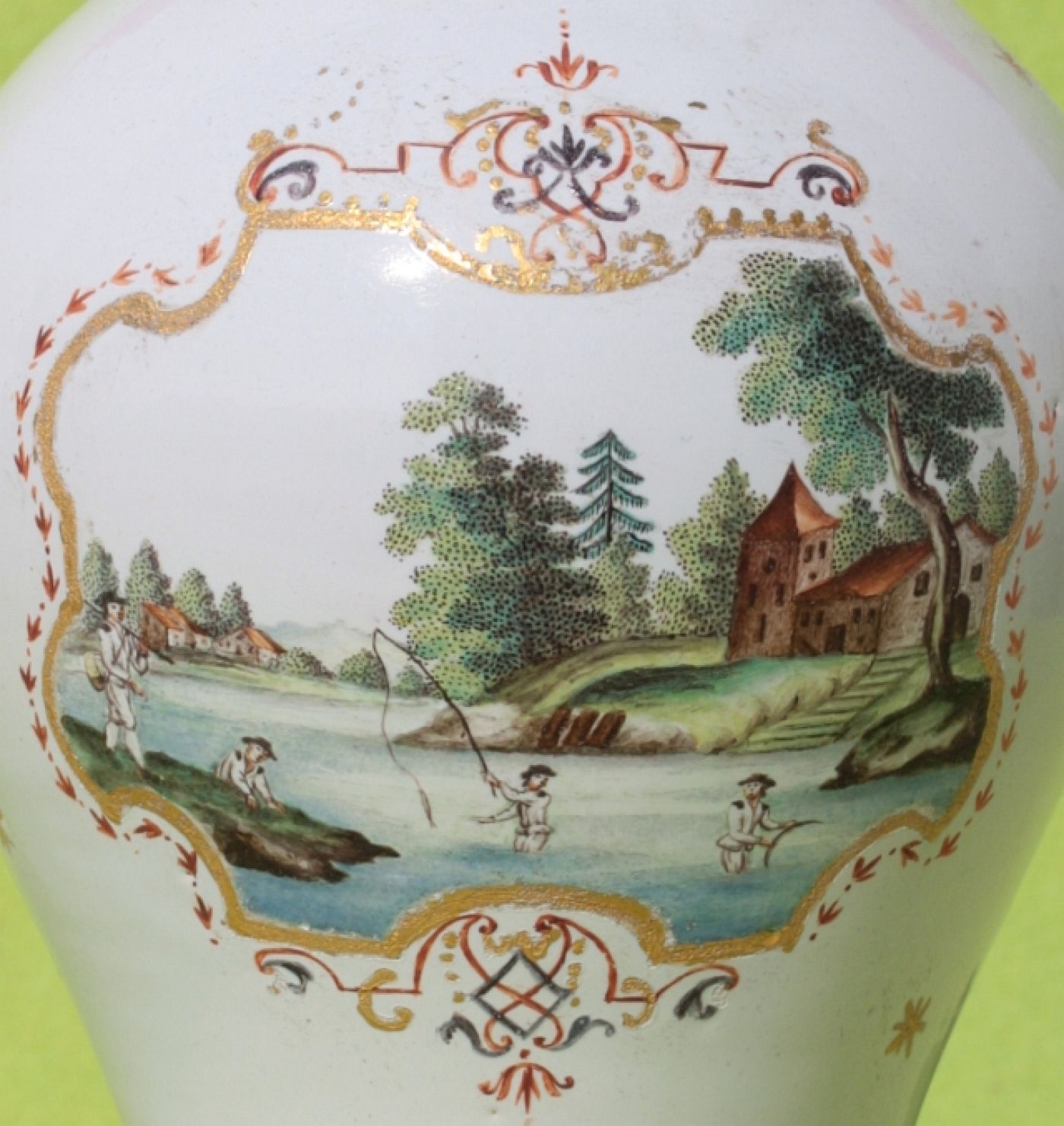 Künersberger Hausmalervase Detail Fischer Szene um 1750