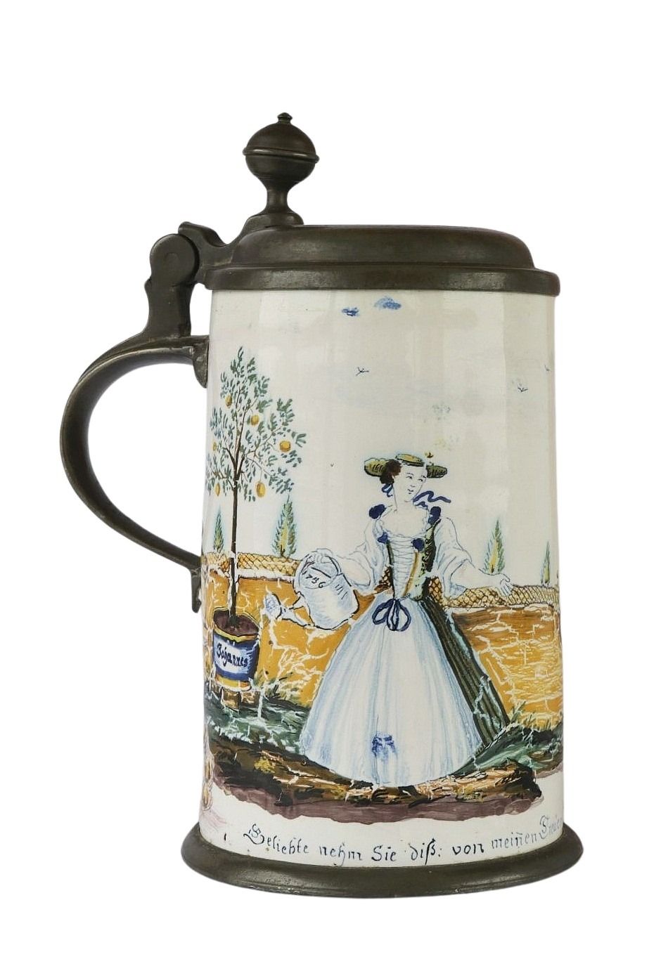 german-faience-friedberg-tankard-gardener-dated-1756-marked