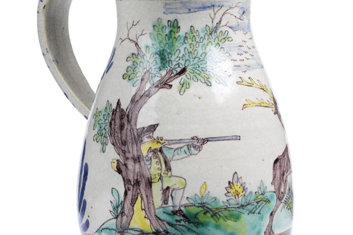 Gmunden-Faience-Hunting-Jug-dated-1762-detail-hunter