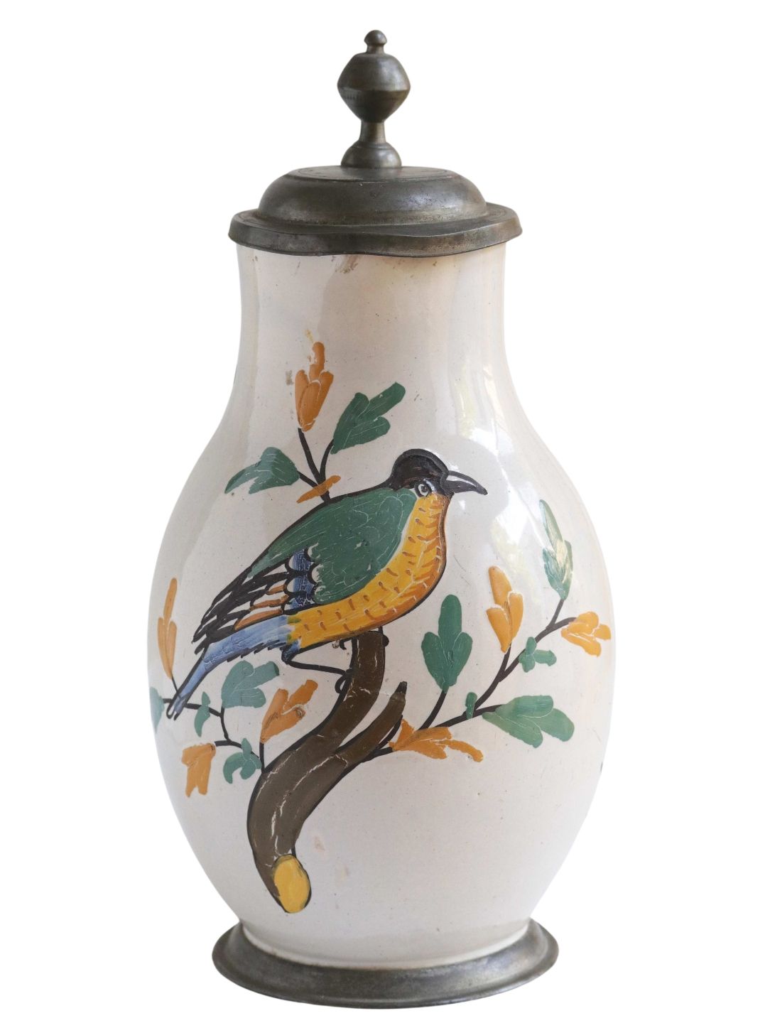 crailsheim-faience-jug-with-polychrome-bird-18th-century