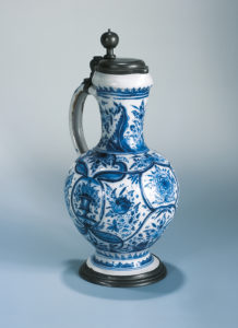 German-Faience-Nuremberg Narrow-necked Jugca. 1730 , high-fired blue coloring, pewter mounting