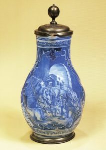 Nuremberg, Pear-shaped Jug, high-fired blue coloring, pewter mounting, ca. 1754