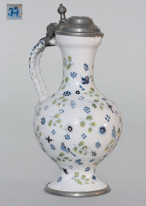 German Faience-Augsburg narrow necked jug ca. 1753 Manufakturmarke „JH“, H. 26 cm