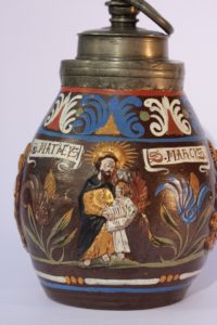 A Creussen pewter-mounted evangelist stoneware flask