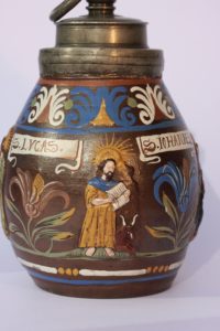 A Creussen pewter-mounted evangelist stoneware flask