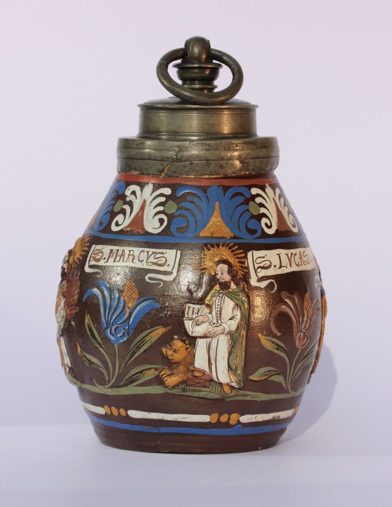 A Creussen pewter-mounted evangelist stoneware flask