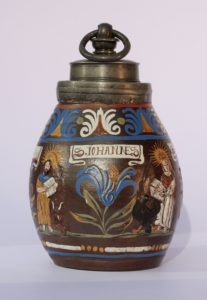 17th century Saltglazed Stoneware Creussen Bottle with Evangelisten ca. 1680