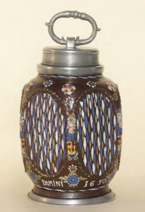 17th century Saltglazed Stoneware Creussen Bottle dated 1650, H. 20 cm