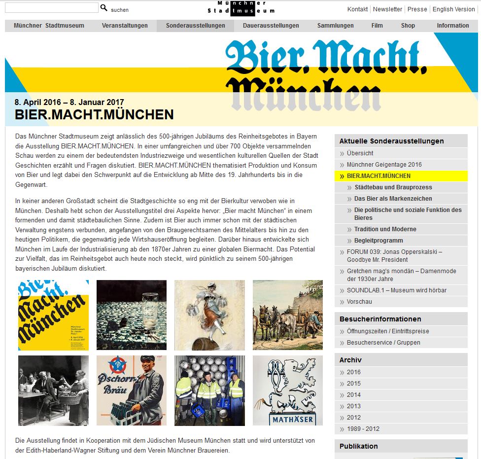 Ausstellung: Bier Macht München Stadtmuseum 8. April 2016 – 8. Januar 2017
