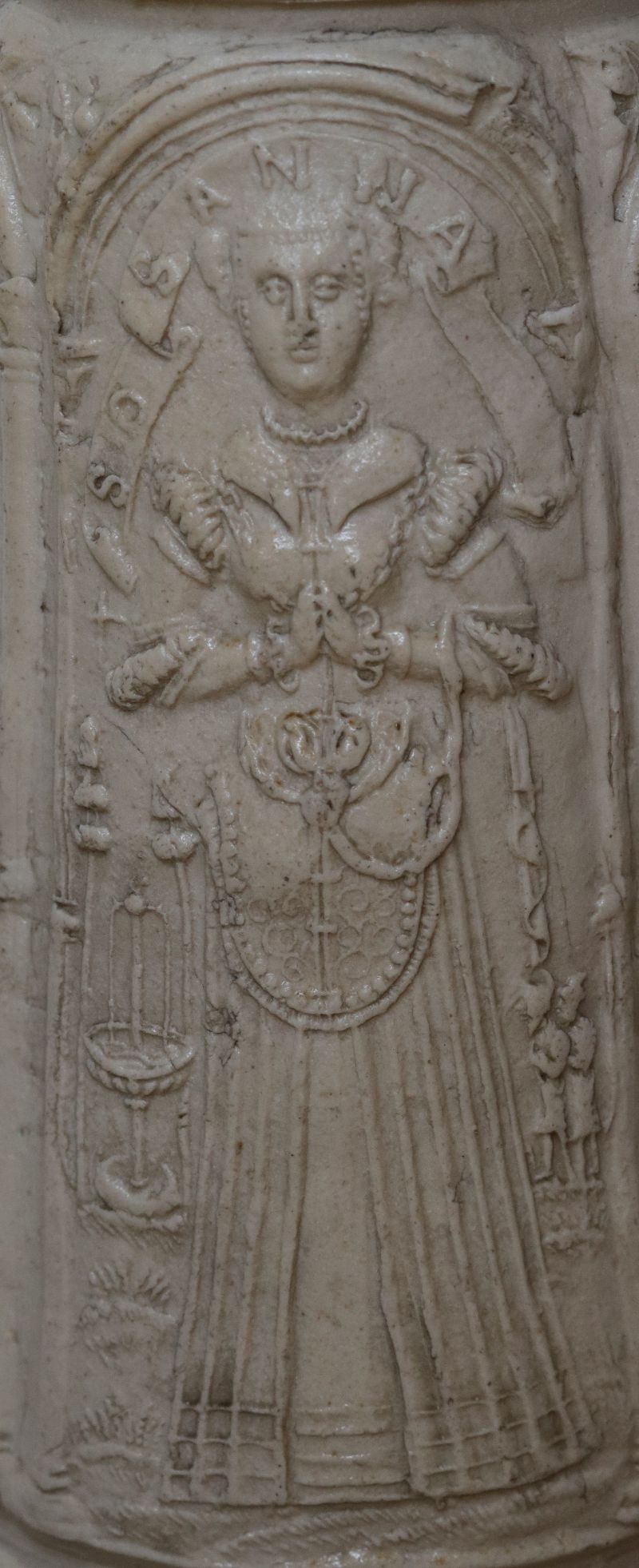 Details saltglazed stoneware Siegburg Flagon dated 1565 applied relief Susanna