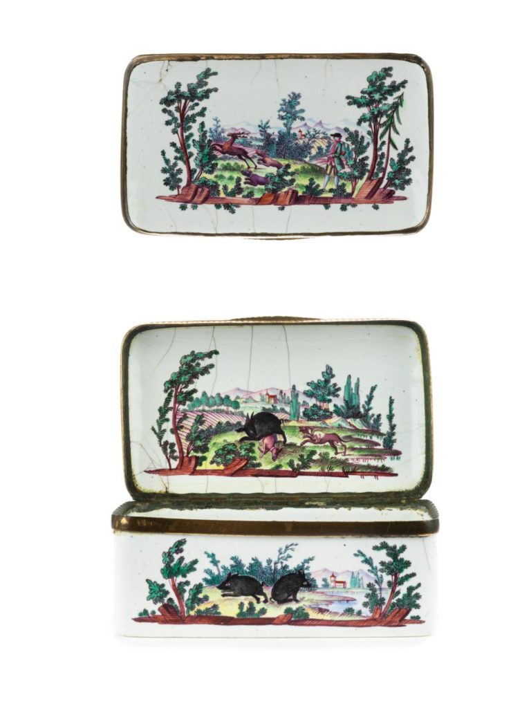 Ellwanger Emaildose mit Jagdmotiven Andreas Bechdolff um 1770