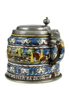17th century Creussen saltglazed stoneware tankard with hunting scenes