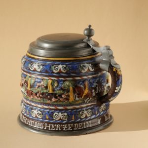 17th century Creussen saltglazed stoneware tankard with hunting scenes