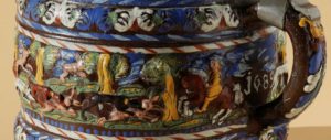 Detail 17th century Creussen saltglazed stoneware tankard with hunting scenes