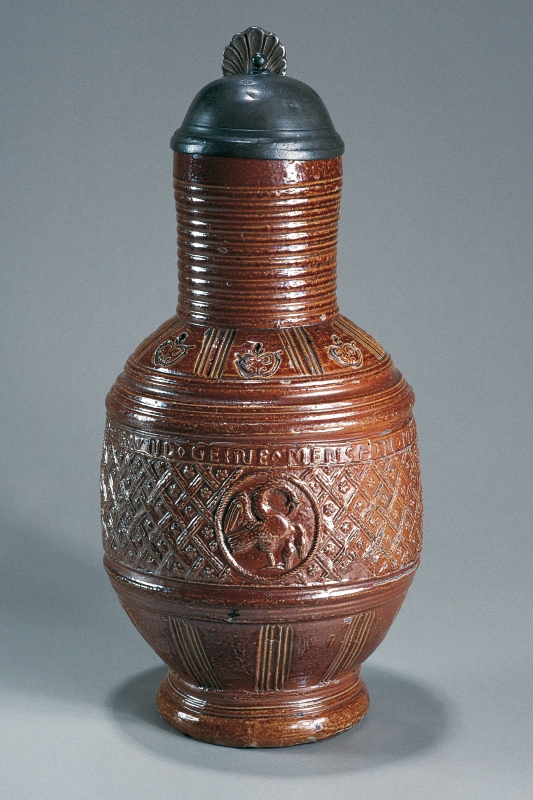 16th century Raeren Brown saltglazed stoneware jug code of arms