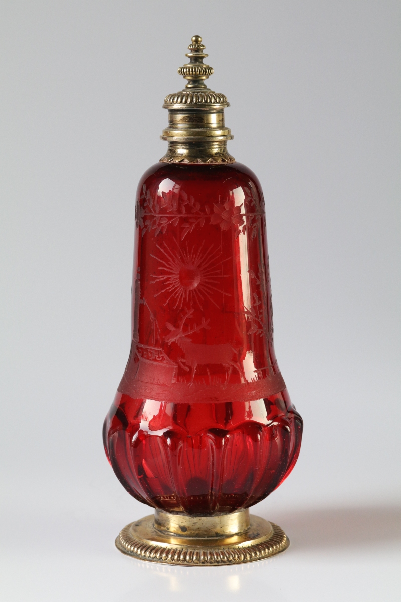 Baroque 18th century Gold Ruby Hunting Glass Bottle Silver Marker Mark Elias Adam