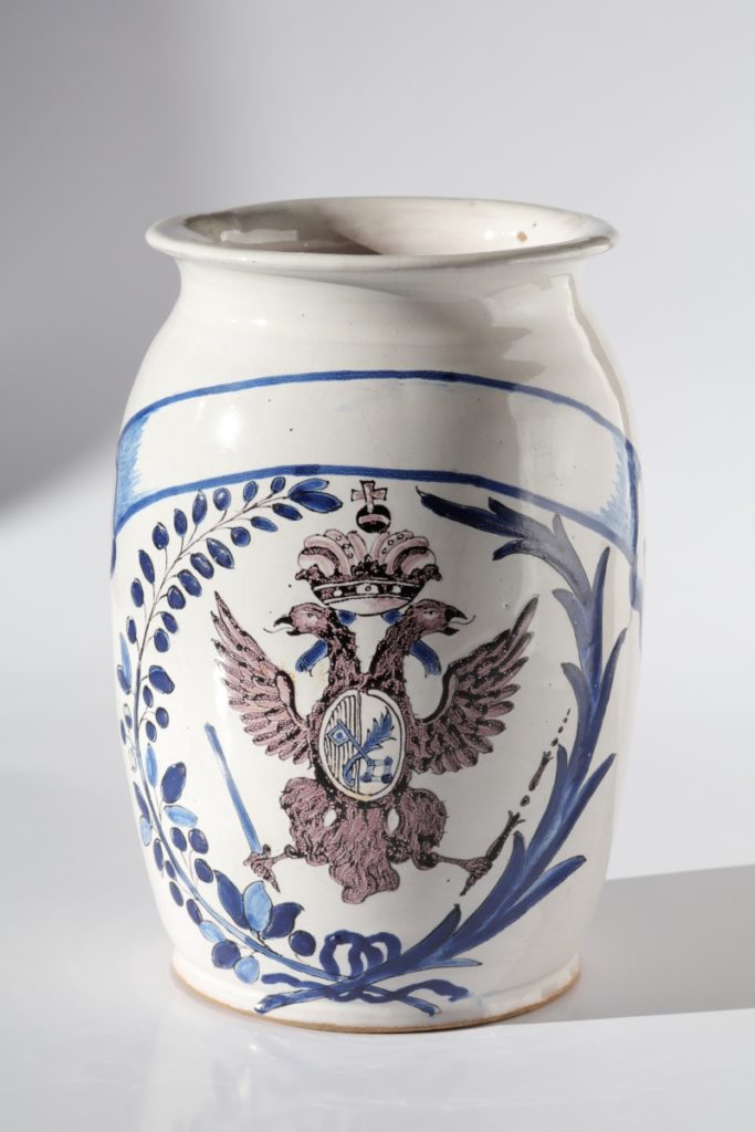 Baroque 18th century faience apothecary jar coat of arms