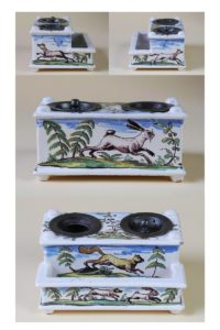 Baroque 18th century faience ink stand with hunting decor Crailsheim ca 1770