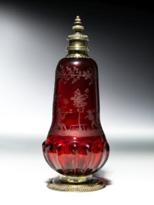 Early 18th century Baroque Hunting Gold Ruby Glass Bottle