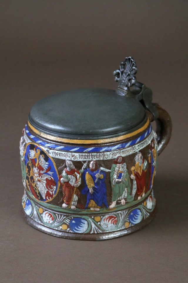 17th century stoneware tankard creussen crest apostle