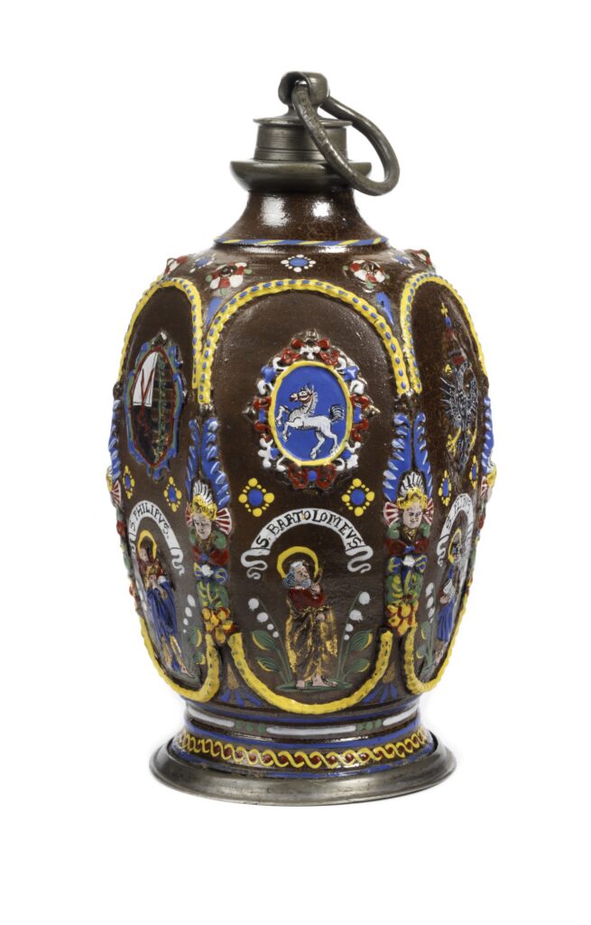 creussen-stoneware-bottle-polychrome-apostle-applications-17th-century